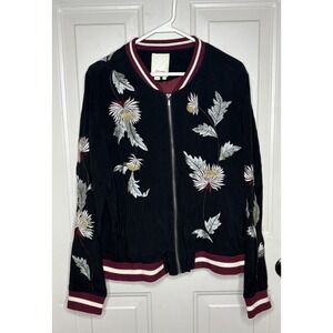 Elevenses Anthropoligie Womens L Black Embroidered Floral Bomber Jacket Boho